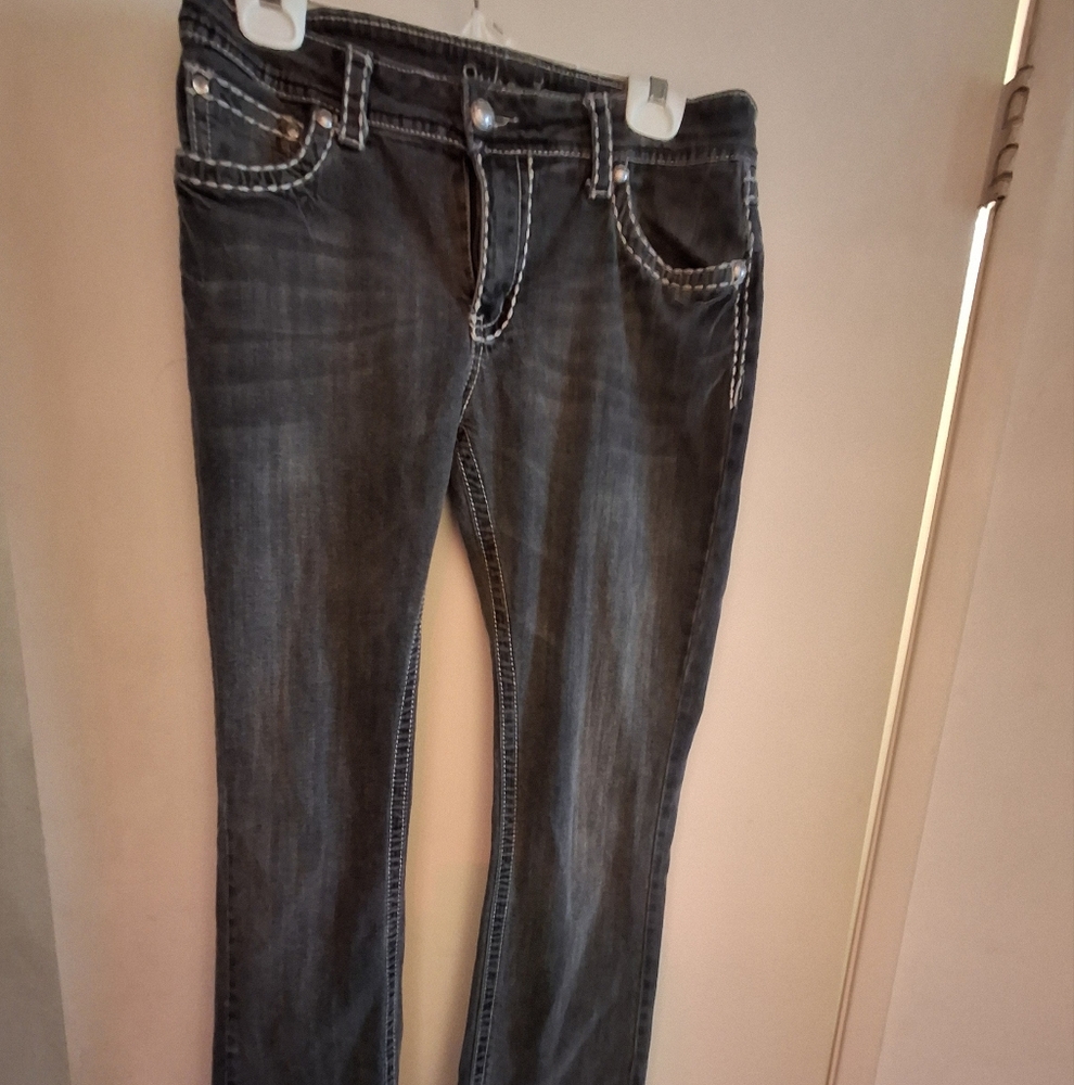 Dark Wash Denim Grey Jeans with White Stitching.
